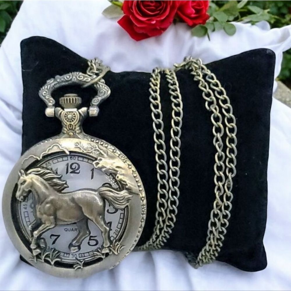 Horse Pocket Watch Antique Bronze Raised Stallion Quartz Chain Western Vintage